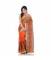 dB DESH BIDESH Women`s Traditional Bengali 3D Temple Design Pure Handloom Cotton Saree Without Blouse Piece (Orange Green)
