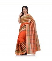 dB DESH BIDESH Women`s Traditional Bengali 3D Temple Design Pure Handloom Cotton Saree Without Blouse Piece (Orange Green)