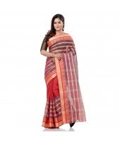dB DESH BIDESH Women`s Traditional Bengali 3D Temple Design Pure Handloom Cotton Saree Without Blouse Piece (Red Blue)