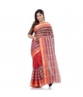 dB DESH BIDESH Women`s Traditional Bengali 3D Temple Design Pure Handloom Cotton Saree Without Blouse Piece (Red Blue)