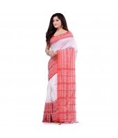 dB DESH BIDESH Women`s Traditional Bengali Flower Design Bengamuri Pure Handloom Cotton Saree With Blouse Piece White Red
