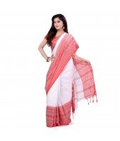 dB DESH BIDESH Women`s Traditional Bengali Flower Design Bengamuri Pure Handloom Cotton Saree With Blouse Piece White Red