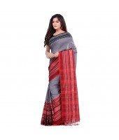 dB DESH BIDESH Women`s Traditional Bengali Flower Design Bengamuri Pure Handloom Cotton Saree With Blouse Piece Black Red