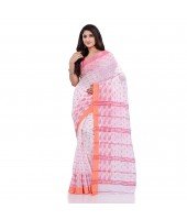 DESH BIDESH Women`s Traditional Bengali Handloom Tant Pure Cotton Saree Jhora Pata Desigined With Blouse Piece (White Red)