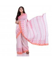 DESH BIDESH Women`s Traditional Bengali Handloom Tant Pure Cotton Saree Jhora Pata Desigined With Blouse Piece (White Red)