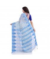Women`s Traditional Bengali Handloom Tant Pure Cotton Saree Khadi Kanakanjali Desigined With Blouse Piece (White Blue)