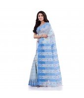 Women`s Traditional Bengali Handloom Tant Pure Cotton Saree Khadi Kanakanjali Desigined With Blouse Piece (White Blue)