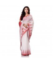 Women`s Traditional Bengali Handloom Tant Pure Cotton Saree Khadi Temple Par Desigined With Blouse Piece White Red