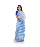 Women`s Traditional Bengali Handloom Tant Pure Cotton Saree Khadi Kanakanjali Desigined With Blouse Piece (White Blue)