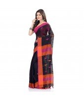 dB DESH BIDESH Women`s Traditional Bengali Tant Handloom Cotton Saree Prism Desigined With Blouse Piece (Black Orange)