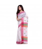 dB DESH BIDESH Women`s Traditional Bengali Tant Handloom Cotton Saree Prism Desigined With Blouse Piece (White Pink)