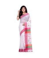 dB DESH BIDESH Women`s Traditional Bengali Tant Handloom Cotton Saree Prism Desigined With Blouse Piece (White Pink)