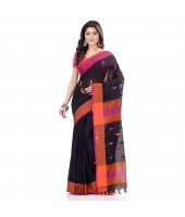 dB DESH BIDESH Women`s Traditional Bengali Tant Handloom Cotton Saree Prism Desigined With Blouse Piece (Black Orange)
