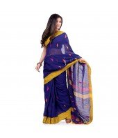 dB DESH BIDESH Women`s Traditional Bengali Tant Handloom Cotton Saree Prism Desigined With Blouse Piece (Deep Blue)
