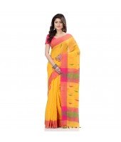 dB DESH BIDESH Women`s Traditional Bengali Tant Handloom Cotton Saree Prism Desigined With Blouse Piece (Yellow Pink)