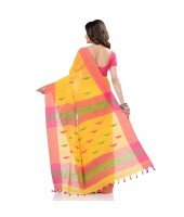 dB DESH BIDESH Women`s Traditional Bengali Tant Handloom Cotton Saree Prism Desigined With Blouse Piece (Yellow Pink)
