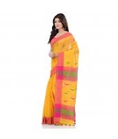 dB DESH BIDESH Women`s Traditional Bengali Tant Handloom Cotton Saree Prism Desigined With Blouse Piece (Yellow Pink)
