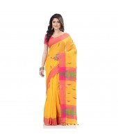 dB DESH BIDESH Women`s Traditional Bengali Tant Handloom Cotton Saree Prism Desigined With Blouse Piece (Yellow Pink)