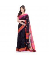dB DESH BIDESH Women`s Traditional Bengali Tant Handloom Cotton Saree Prism Desigined With Blouse Piece (Black Orange)