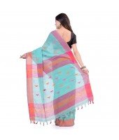 dB DESH BIDESH Women`s Traditional Bengali Tant Handloom Cotton Saree Prism Desigined With Blouse Piece (Blue Orange)