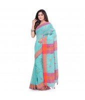 dB DESH BIDESH Women`s Traditional Bengali Tant Handloom Cotton Saree Prism Desigined With Blouse Piece (Blue Orange)