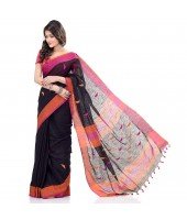 dB DESH BIDESH Women`s Traditional Bengali Tant Handloom Cotton Saree Prism Desigined With Blouse Piece (Black Orange)