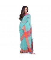 dB DESH BIDESH Women`s Traditional Bengali Tant Handloom Cotton Saree Prism Desigined With Blouse Piece (Blue Orange)