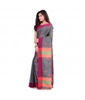 dB DESH BIDESH Women`s Traditional Bengali Tant Handloom Cotton Saree Prism Desigined With Blouse Piece (Grey)