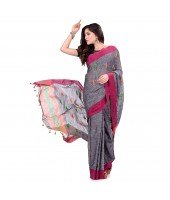 dB DESH BIDESH Women`s Traditional Bengali Tant Handloom Cotton Saree Prism Desigined With Blouse Piece (Grey)