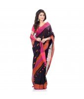 dB DESH BIDESH Women`s Traditional Bengali Tant Handloom Cotton Saree Prism Desigined With Blouse Piece (Black Orange)