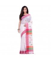 dB DESH BIDESH Women`s Traditional Bengali Tant Handloom Cotton Saree Prism Desigined With Blouse Piece (White Pink)