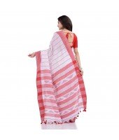 DESH BIDESH Women`s Traditional Bengali Tant Handloom Pure Cotton Saree Piramide Design With Blouse Piece(White Red)
