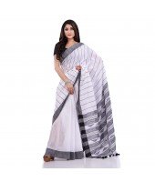 DESH BIDESH Women`s Traditional Bengali Tant Handloom Pure Cotton Saree Piramide Design With Blouse Piece(White Black)