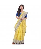 DESH BIDESH Women`s Traditional Pure Handloom Cotton Saree Flower Floral Woven Designer Without Blouse Piece (Yellow)