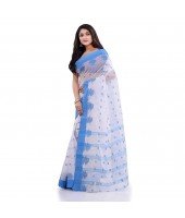 DESH BIDESH Women`s Traditional Tant Pure Handloom Cotton Saree Woven Tri Flower Designer Without Blouse Piece (Blue White)