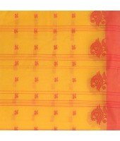 DESH BIDESH Women`s Traditional Tant Pure Handloom Cotton Saree Woven Tri Flower Designer Without Blouse Piece (Yellow Red)