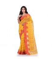 DESH BIDESH Women`s Traditional Tant Pure Handloom Cotton Saree Woven Tri Flower Designer Without Blouse Piece (Yellow Red)
