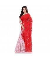 dB Desh Bidesh Women`s Bengal Handloom Tant Dhakai Jamdani Cotton Saree Whole Body Design (White Red)