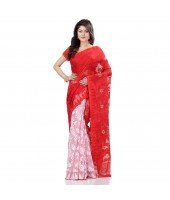 dB Desh Bidesh Women`s Bengal Handloom Tant Dhakai Jamdani Cotton Saree Whole Body Design (White Red)