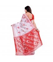 dB Desh Bidesh Women`s Bengal Handloom Tant Soft Dhakai Jamdani Cotton Saree Whole Body Design (White Red)