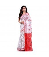 dB Desh Bidesh Women`s Bengal Handloom Tant Soft Dhakai Jamdani Cotton Saree Whole Body Design (White Red)