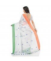 dB DESH BIDESH Women's Tri Color Pure Handloom Cotton Saree With Blouse Piece (Independance Day Saree Orange White Green)