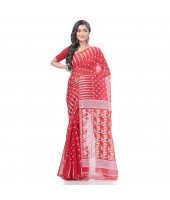 Queen of Diamond Resham Dhakai Jamdani Bengal Pure Cotton Handloom Saree (Red)
