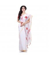  Handloom Cotton Blend Saree Hibicus Joba Flower Embroidery Design With Blouse Piece (White)