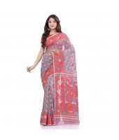 Phulkari Resham Dhakai jamdani Bengal Pure Cotton Handloom Saree Whole Body Design without Blouse Piece (Gray Red)