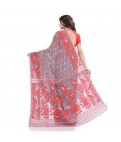Phulkari Resham Dhakai jamdani Bengal Pure Cotton Handloom Saree Whole Body Design without Blouse Piece (Gray Red)