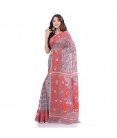 Phulkari Resham Dhakai jamdani Bengal Pure Cotton Handloom Saree Whole Body Design without Blouse Piece (Gray Red)