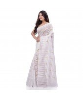 Traditional Tamarind Leaf Resham Dhakai Jamdani Pure Cotton Handloom Saree without Blouse Piece(White)