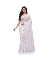 Traditional Tamarind Leaf Resham Dhakai Jamdani Pure Cotton Handloom Saree without Blouse Piece(White)