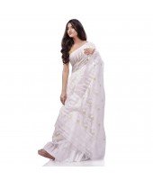 Traditional Tamarind Leaf Resham Dhakai Jamdani Pure Cotton Handloom Saree without Blouse Piece(White)